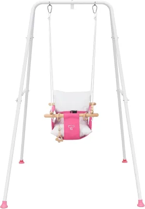 Baby Swing with Stand, Swing Set for Infant, Outdoor Indoor Swing Set with Canvas Cushion Seat (Pink)