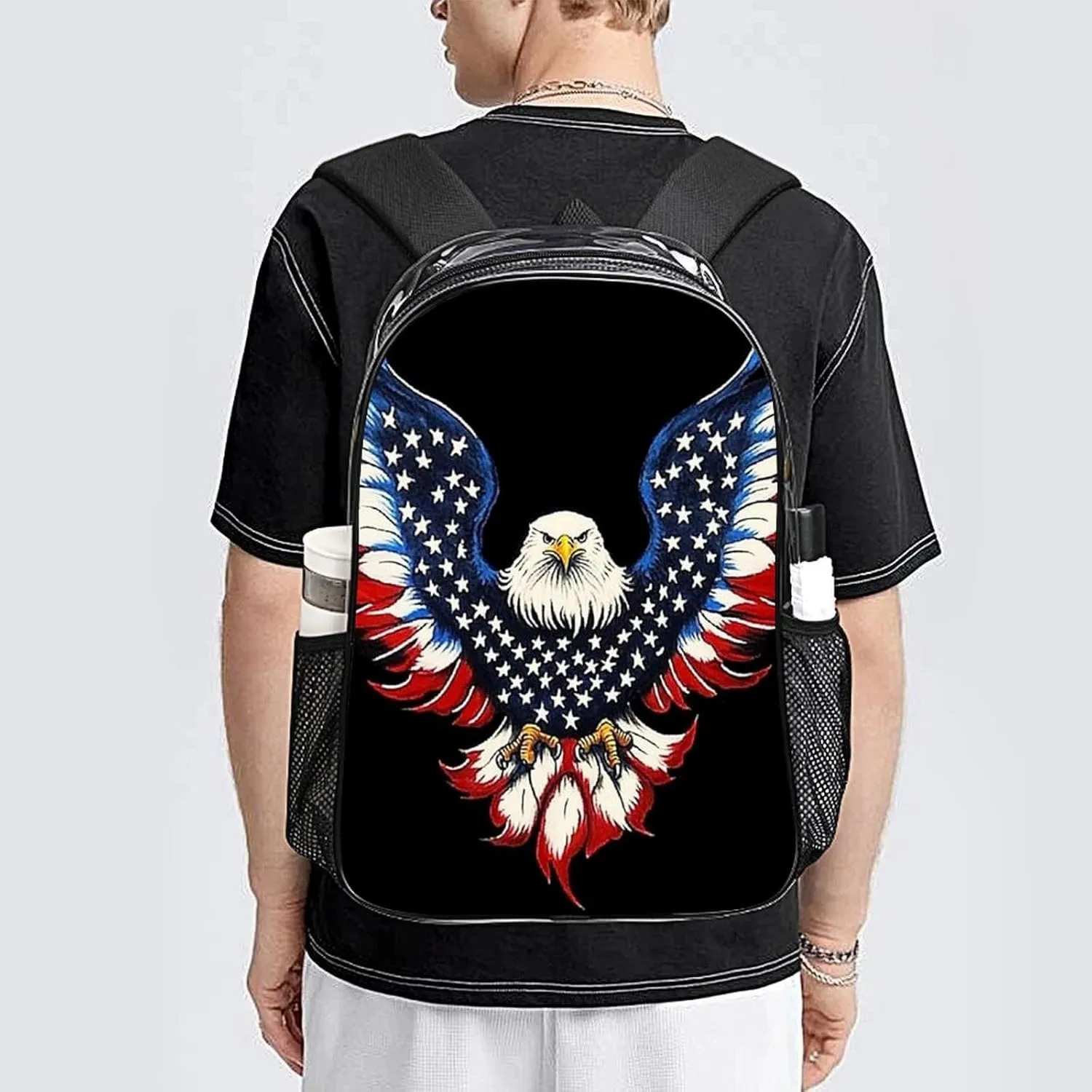Backpack Anti-Theft Multipurpose Large Capacity Carry On Bag - American Flag And Bald Eagle Patriotic Black Camping Outdoor Backpack Transparent Bag