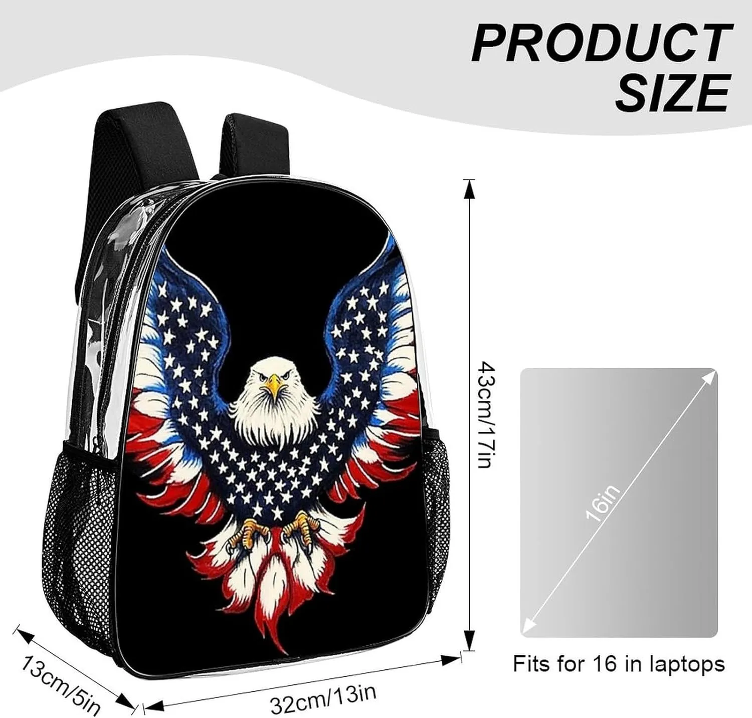 Backpack Anti-Theft Multipurpose Large Capacity Carry On Bag - American Flag And Bald Eagle Patriotic Black Camping Outdoor Backpack Transparent Bag