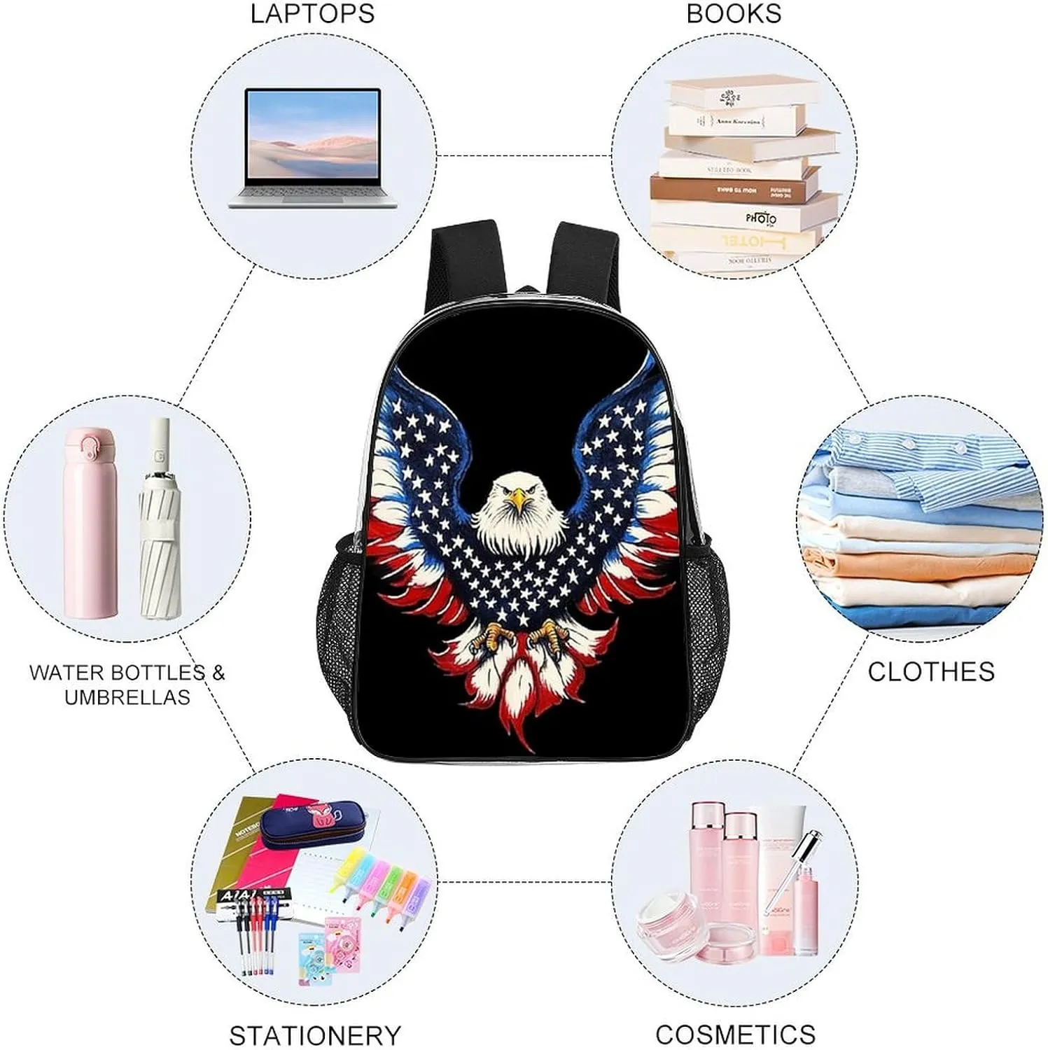 Backpack Anti-Theft Multipurpose Large Capacity Carry On Bag - American Flag And Bald Eagle Patriotic Black Camping Outdoor Backpack Transparent Bag