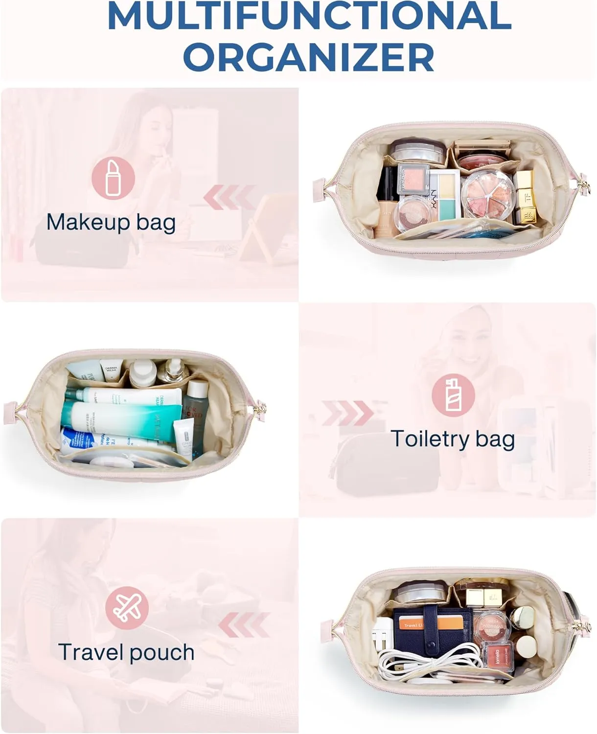 BAGSMART Makeup Bag Travel Cosmetic Bag, Puffy Padded Make Up Bags for Women Makeup Organizer Case, Wide-open Pouch Purse Travel Essentials Toiletries Accessories Brushes, Grayish Purple