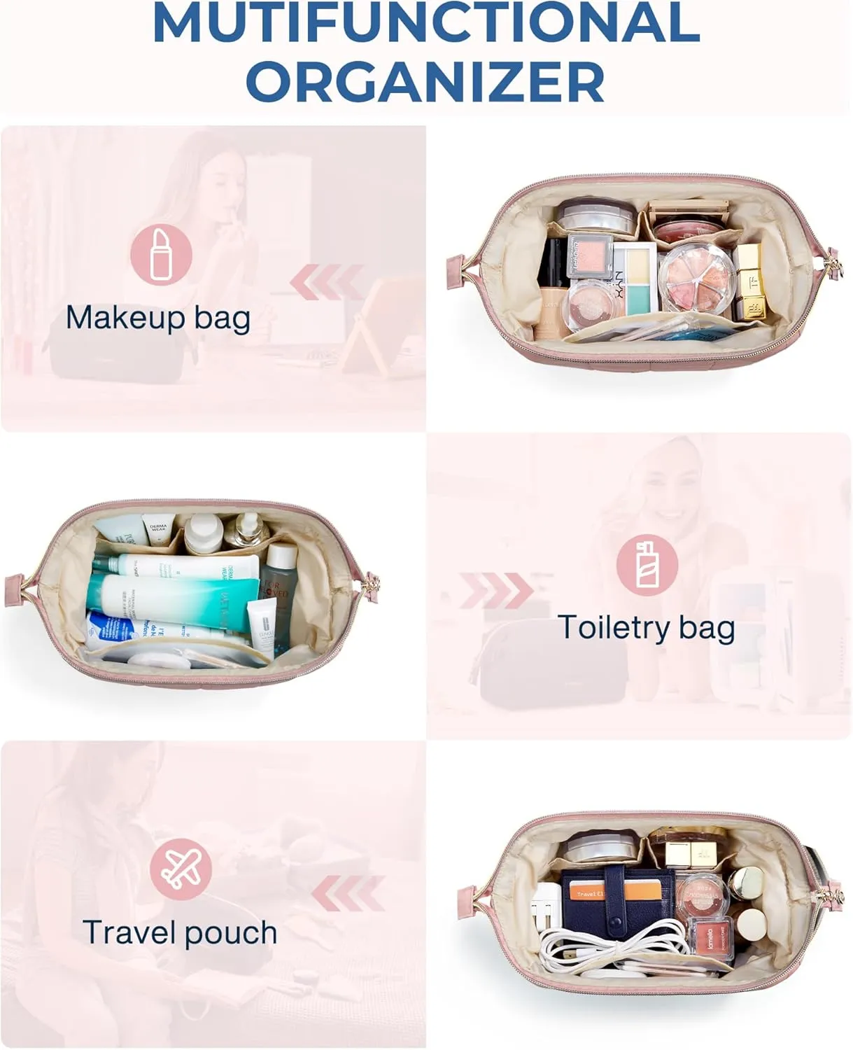 BAGSMART Makeup Bag Travel Toiletry Bag, Puffy Padded Make Up Bags for Women Makeup Organizer Case, Wide-open Pouch Purse Travel Essentials Toiletries Accessories Brushes, Dark Pink