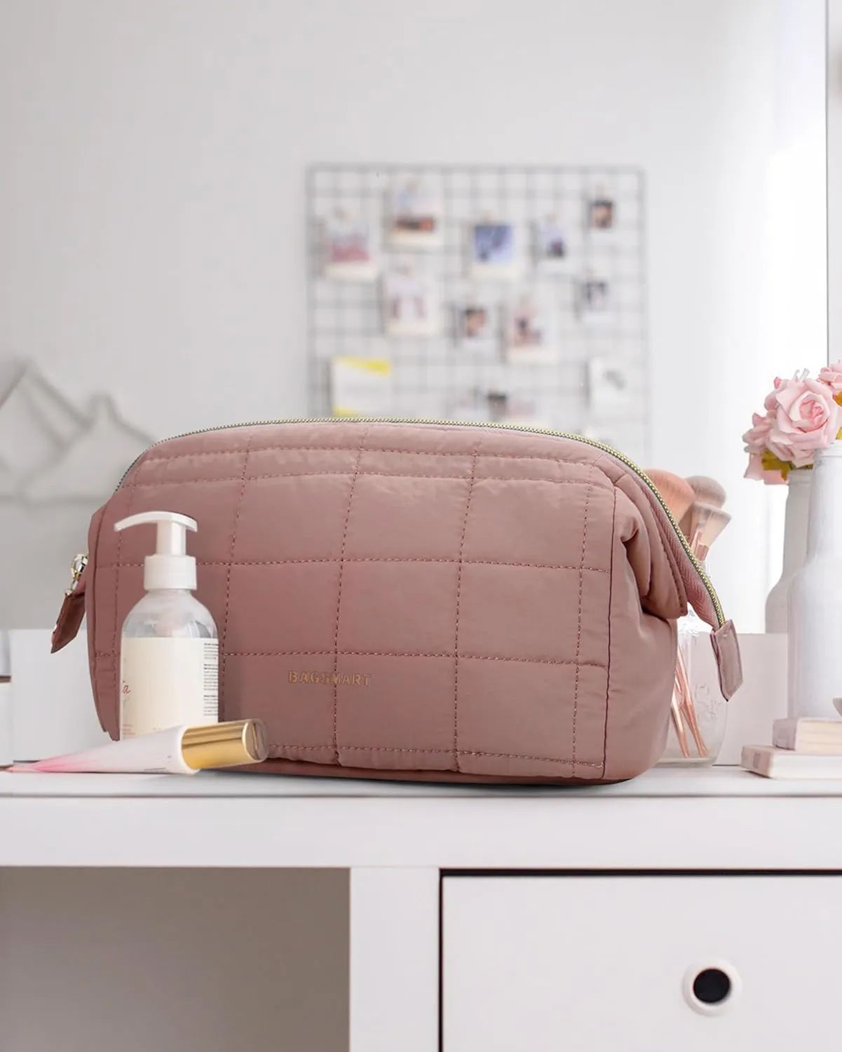BAGSMART Makeup Bag Travel Toiletry Bag, Puffy Padded Make Up Bags for Women Makeup Organizer Case, Wide-open Pouch Purse Travel Essentials Toiletries Accessories Brushes, Dark Pink