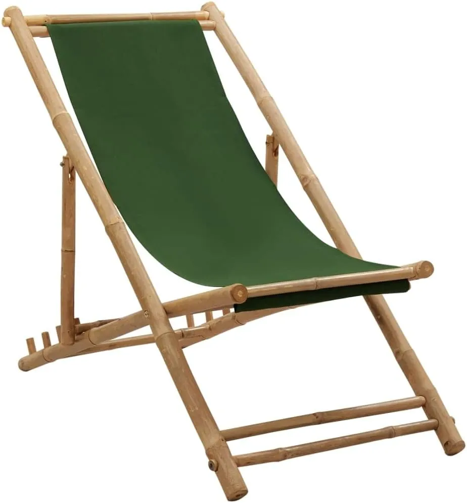 Bamboo and Canvas Deck Chair Green Adjustable Lounge Chair Foldable Beach Chair for Patio, Camping, and Outdoor Use