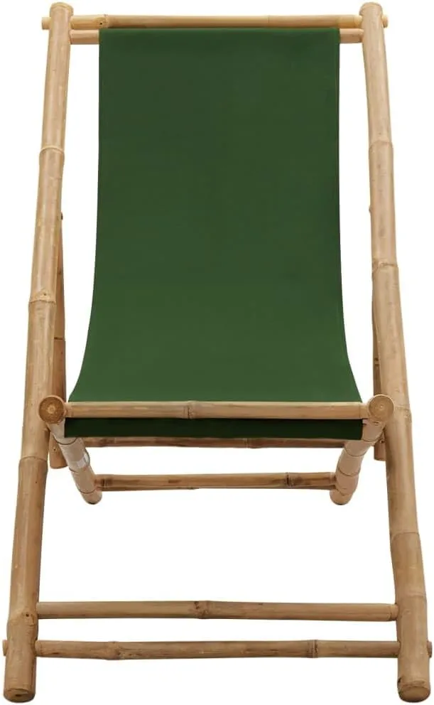Bamboo and Canvas Deck Chair Green Adjustable Lounge Chair Foldable Beach Chair for Patio, Camping, and Outdoor Use