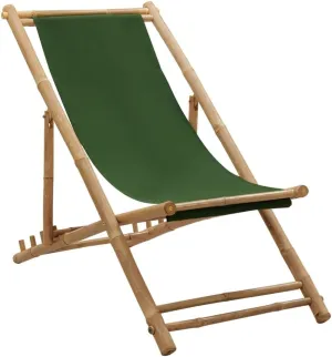 Bamboo and Canvas Deck Chair Green Adjustable Lounge Chair Foldable Beach Chair for Patio, Camping, and Outdoor Use