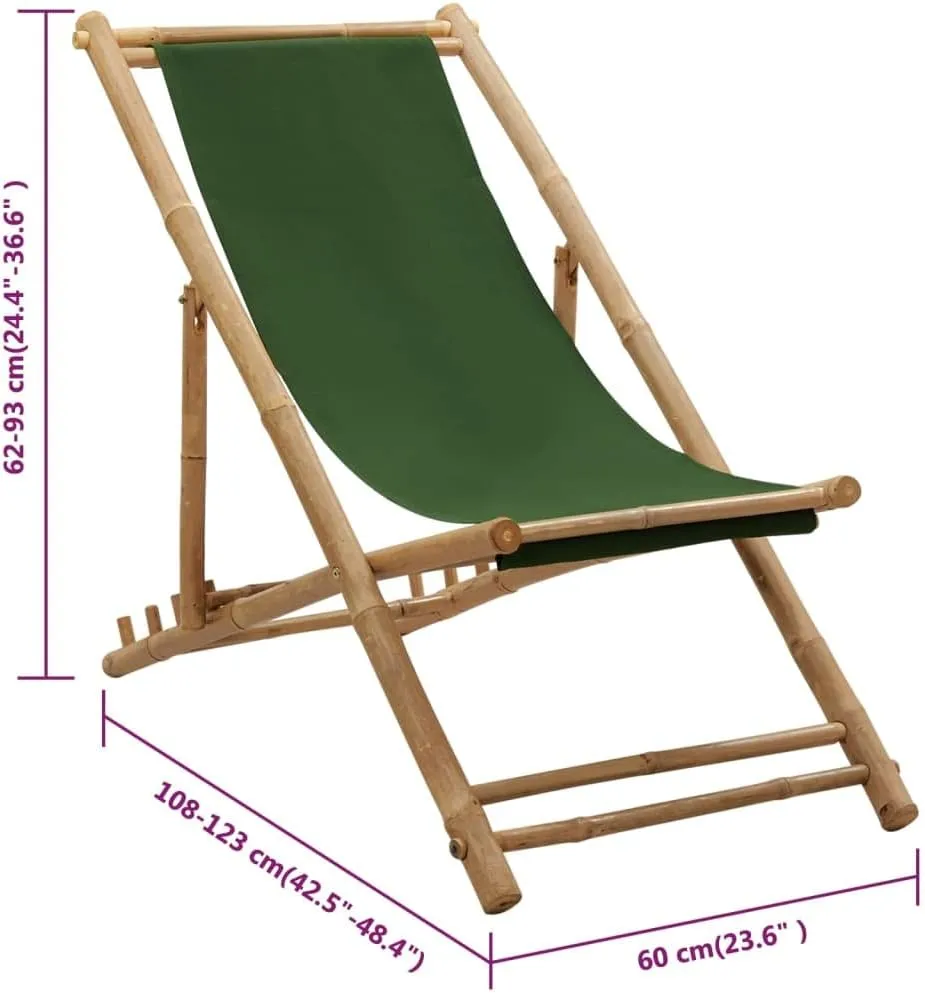 Bamboo and Canvas Deck Chair Green Adjustable Lounge Chair Foldable Beach Chair for Patio, Camping, and Outdoor Use