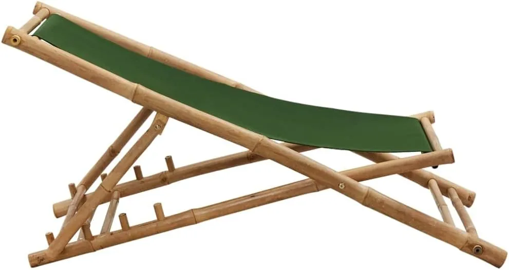 Bamboo and Canvas Deck Chair Green Adjustable Lounge Chair Foldable Beach Chair for Patio, Camping, and Outdoor Use