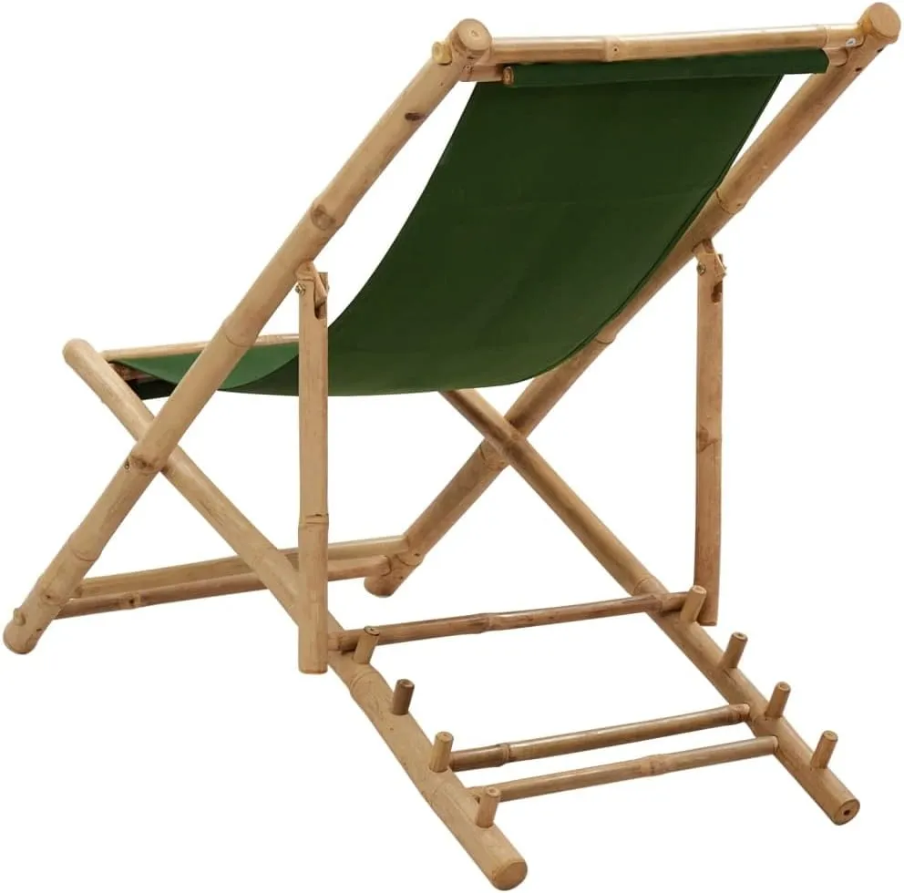 Bamboo and Canvas Deck Chair Green Adjustable Lounge Chair Foldable Beach Chair for Patio, Camping, and Outdoor Use