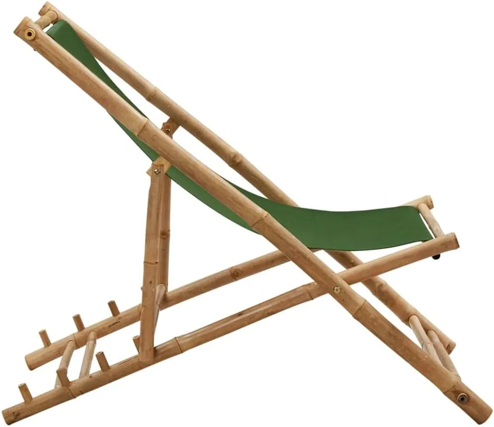 Bamboo and Canvas Deck Chair Green Adjustable Lounge Chair Foldable Beach Chair for Patio, Camping, and Outdoor Use