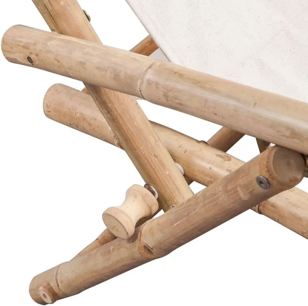 Bamboo Deck Chair Outdoor Lounge Chair with Adjustable Backrest and Pillow, Foldable Patio Furniture for Poolside, Beach, Camping, Garden White