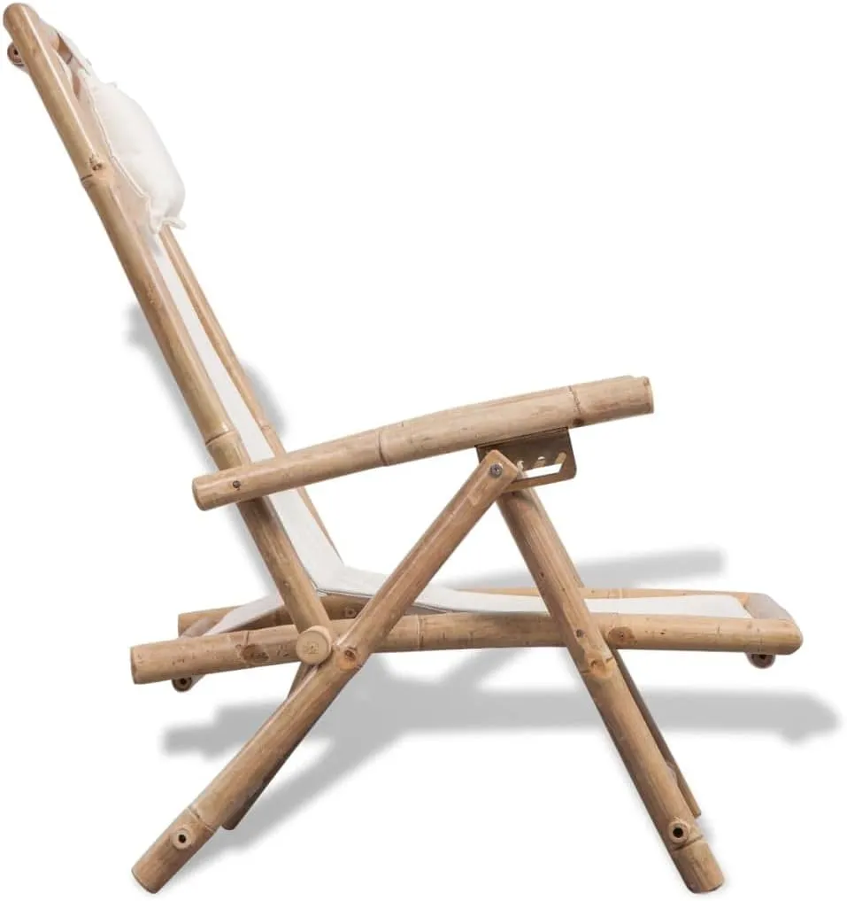 Bamboo Deck Chair Outdoor Lounge Chair with Adjustable Backrest and Pillow, Foldable Patio Furniture for Poolside, Beach, Camping, Garden White