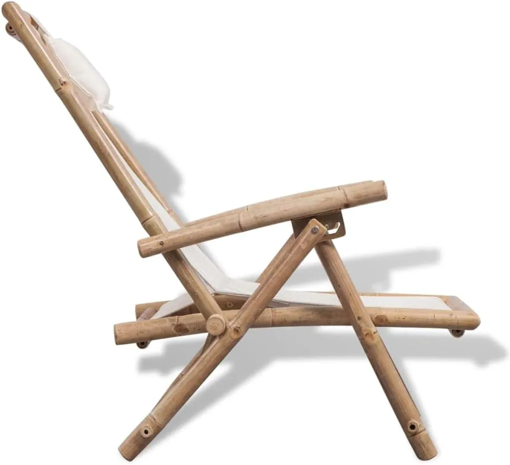Bamboo Deck Chair Outdoor Lounge Chair with Adjustable Backrest and Pillow, Foldable Patio Furniture for Poolside, Beach, Camping, Garden White