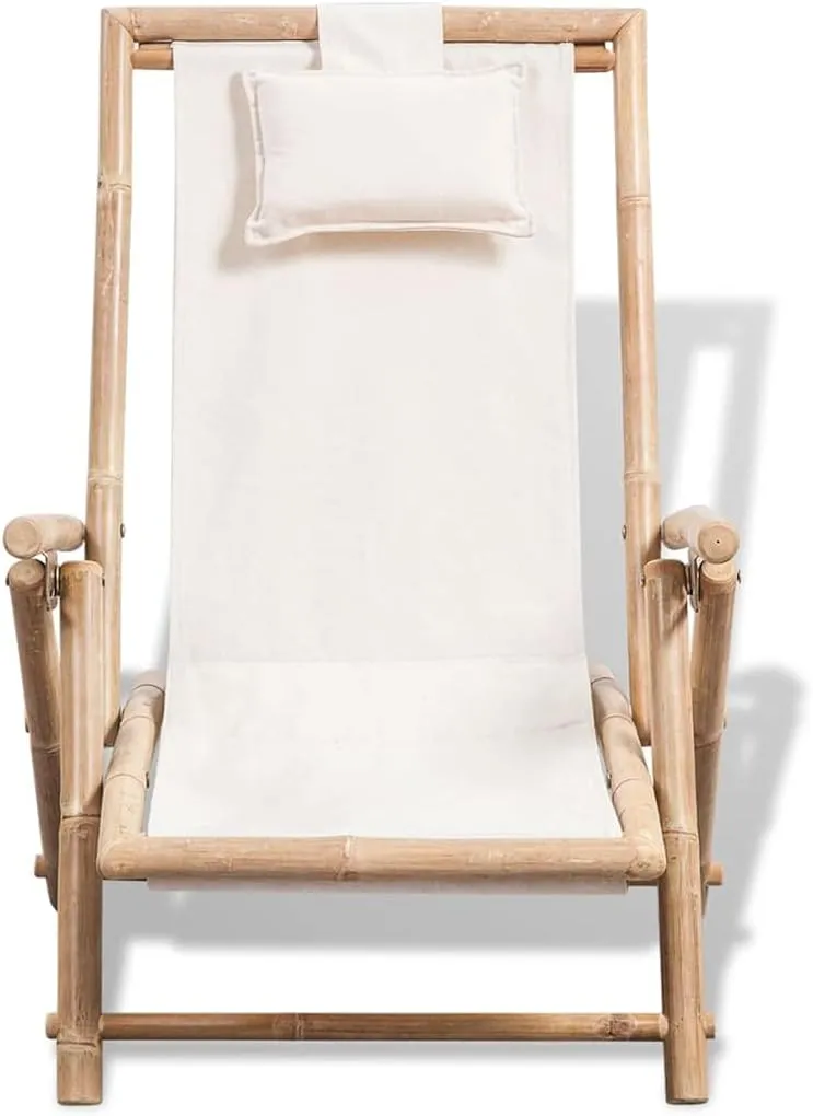 Bamboo Deck Chair Outdoor Lounge Chair with Adjustable Backrest and Pillow, Foldable Patio Furniture for Poolside, Beach, Camping, Garden White