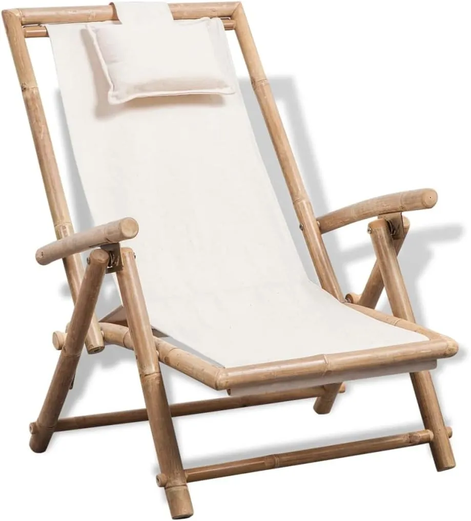 Bamboo Deck Chair Outdoor Lounge Chair with Adjustable Backrest and Pillow, Foldable Patio Furniture for Poolside, Beach, Camping, Garden White