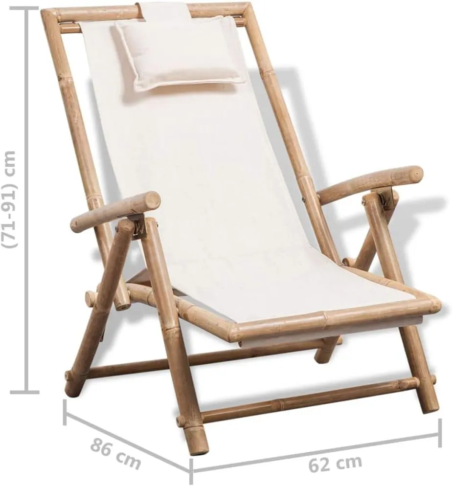 Bamboo Deck Chair Outdoor Lounge Chair with Adjustable Backrest and Pillow, Foldable Patio Furniture for Poolside, Beach, Camping, Garden White