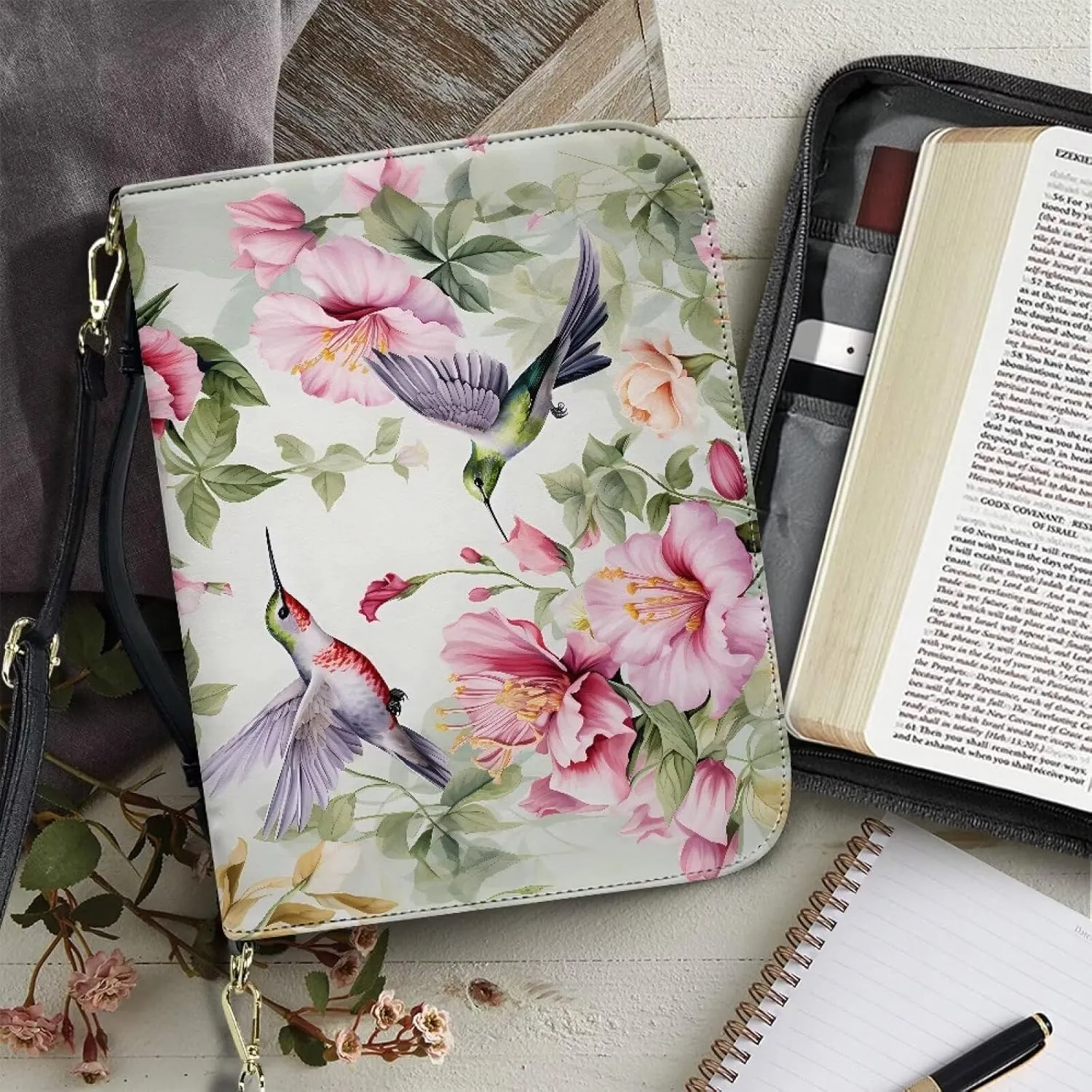 Bible Covers Hummingbird Cherry Blossom Waterproof Carrying Book Case for Women Men Crossbody Bible Case Bible Bag Tote Bag Church Bag for Study Bible Protective