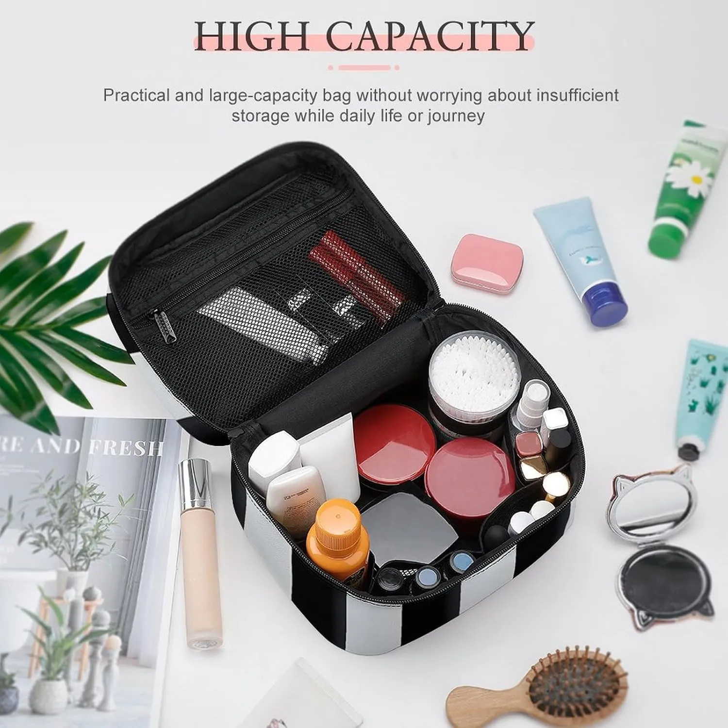 Black And White Stripes Cosmetic Bag, Portable Toiletry Bag, Large Capacity Travel Makeup Bags, Beauty Organizer for Full-Sized Shampoo Conditioner Brushes Set Accessories