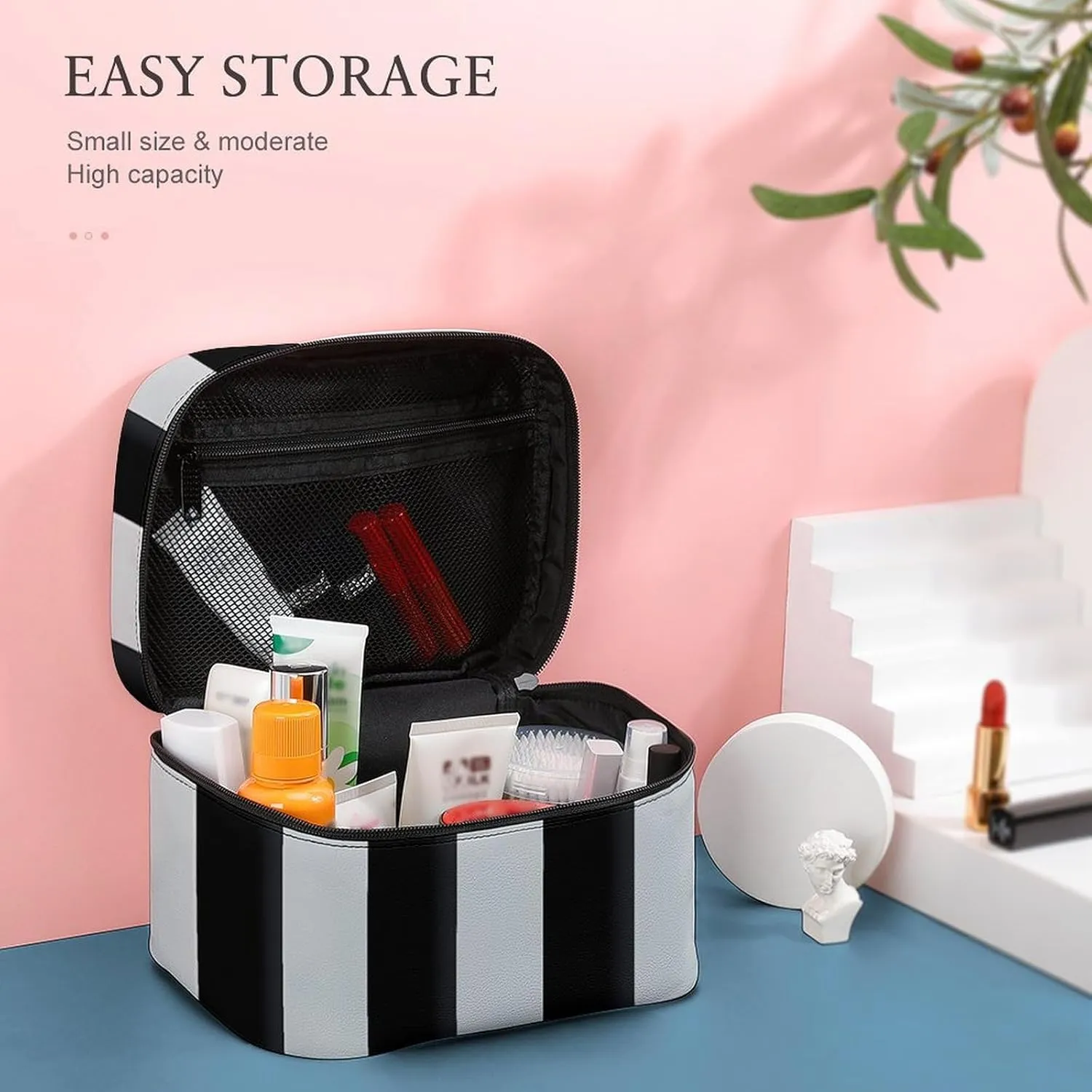 Black And White Stripes Cosmetic Bag, Portable Toiletry Bag, Large Capacity Travel Makeup Bags, Beauty Organizer for Full-Sized Shampoo Conditioner Brushes Set Accessories