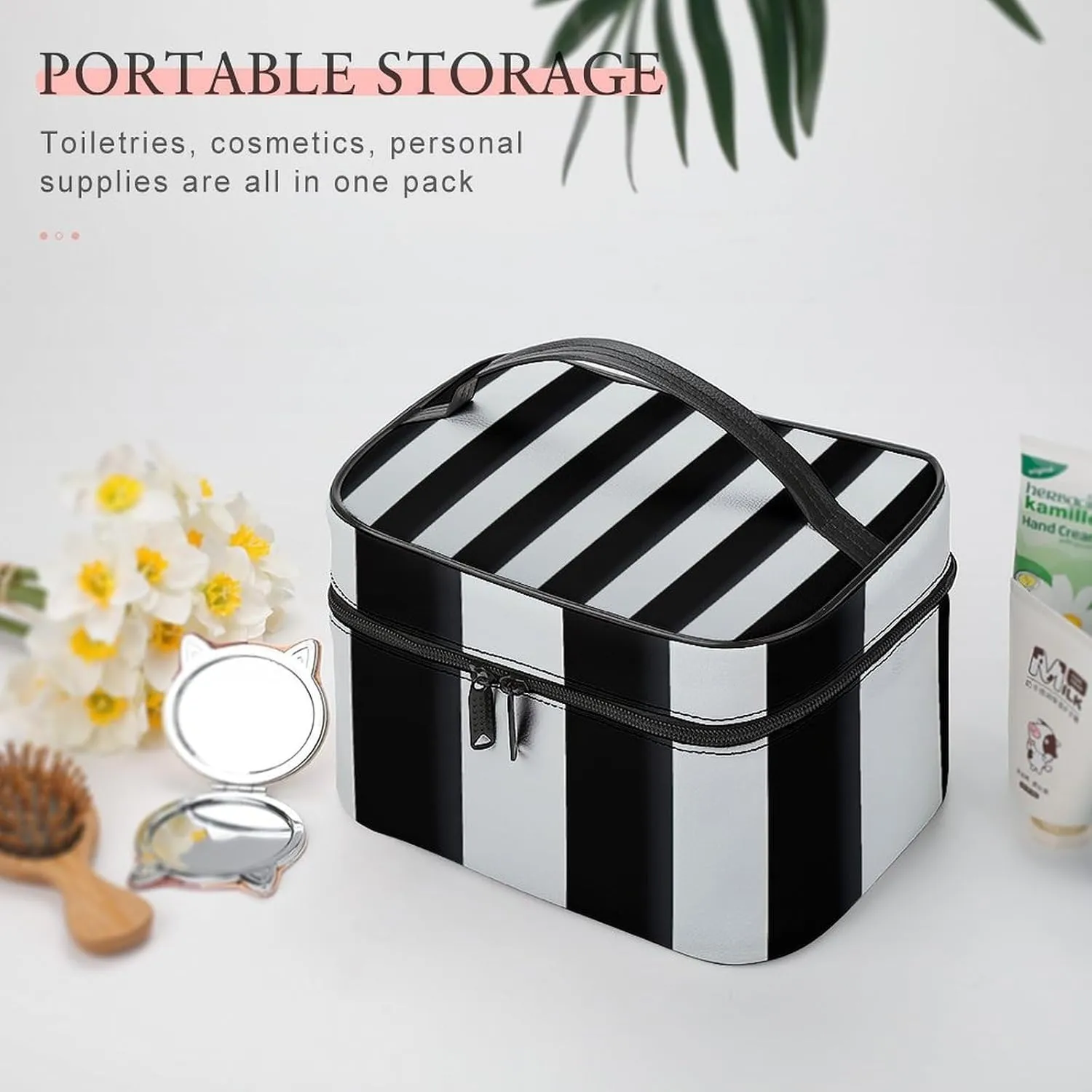 Black And White Stripes Cosmetic Bag, Portable Toiletry Bag, Large Capacity Travel Makeup Bags, Beauty Organizer for Full-Sized Shampoo Conditioner Brushes Set Accessories
