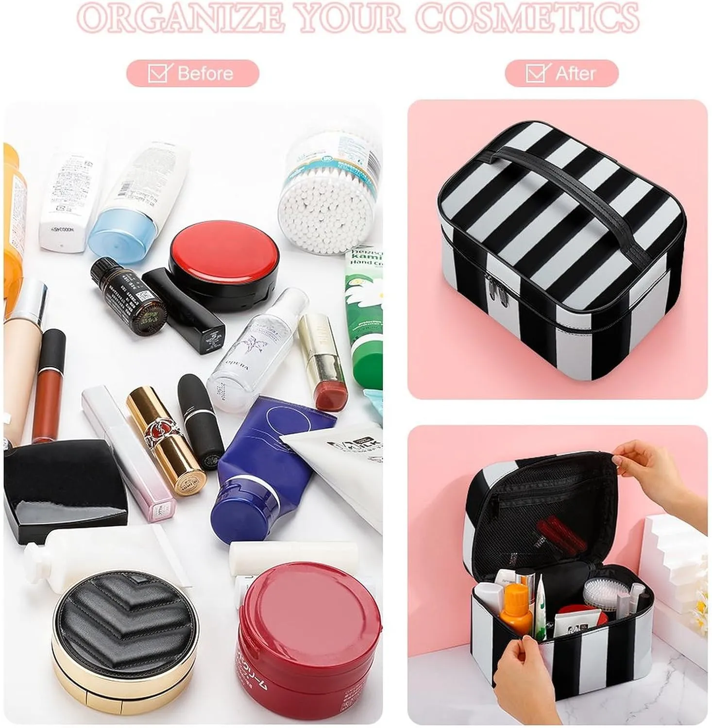 Black And White Stripes Cosmetic Bag, Portable Toiletry Bag, Large Capacity Travel Makeup Bags, Beauty Organizer for Full-Sized Shampoo Conditioner Brushes Set Accessories