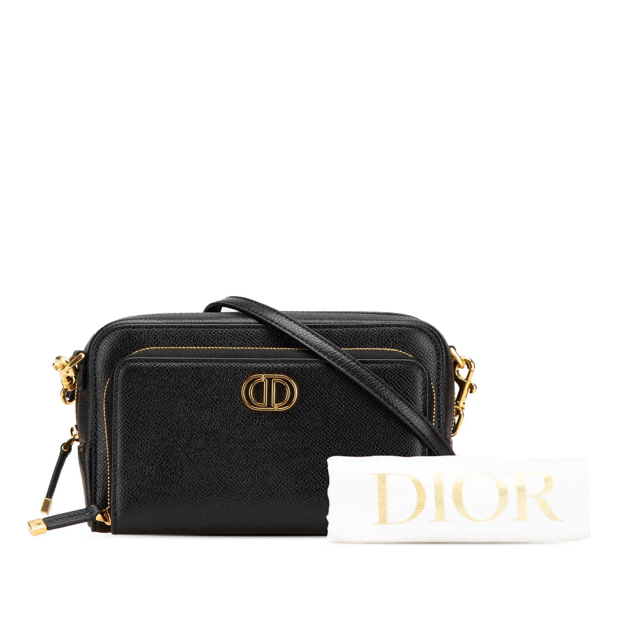 Black Dior Grained Calfskin Caro Double Pouch Crossbody Bag