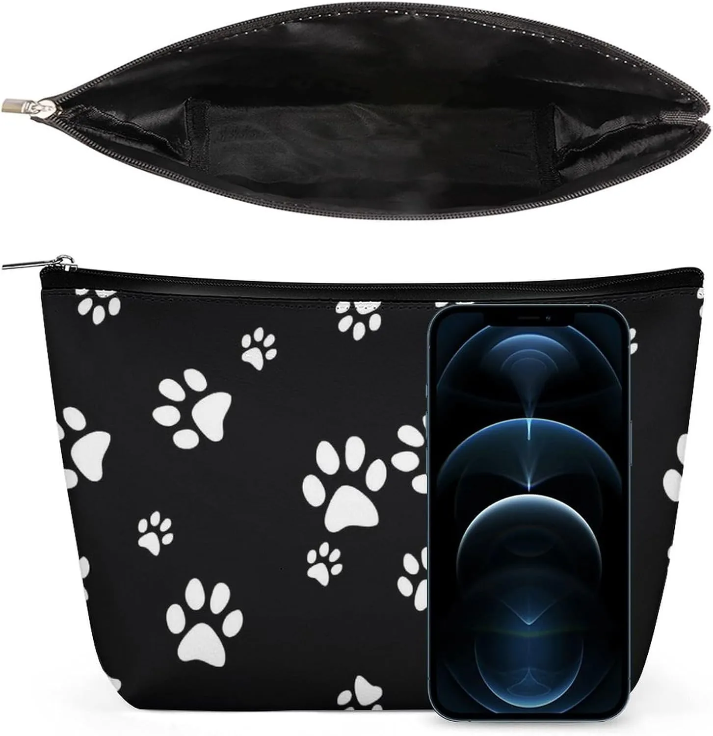 Black Travel Makeup Bag for Women Men-Portable Cosmetic Bags, White Cartoon Cat Paw Print Toiletry Bag for Women,Travel Toiletry bag,Travel Essentials