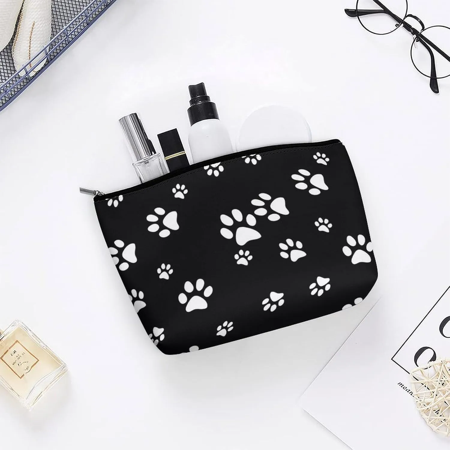 Black Travel Makeup Bag for Women Men-Portable Cosmetic Bags, White Cartoon Cat Paw Print Toiletry Bag for Women,Travel Toiletry bag,Travel Essentials