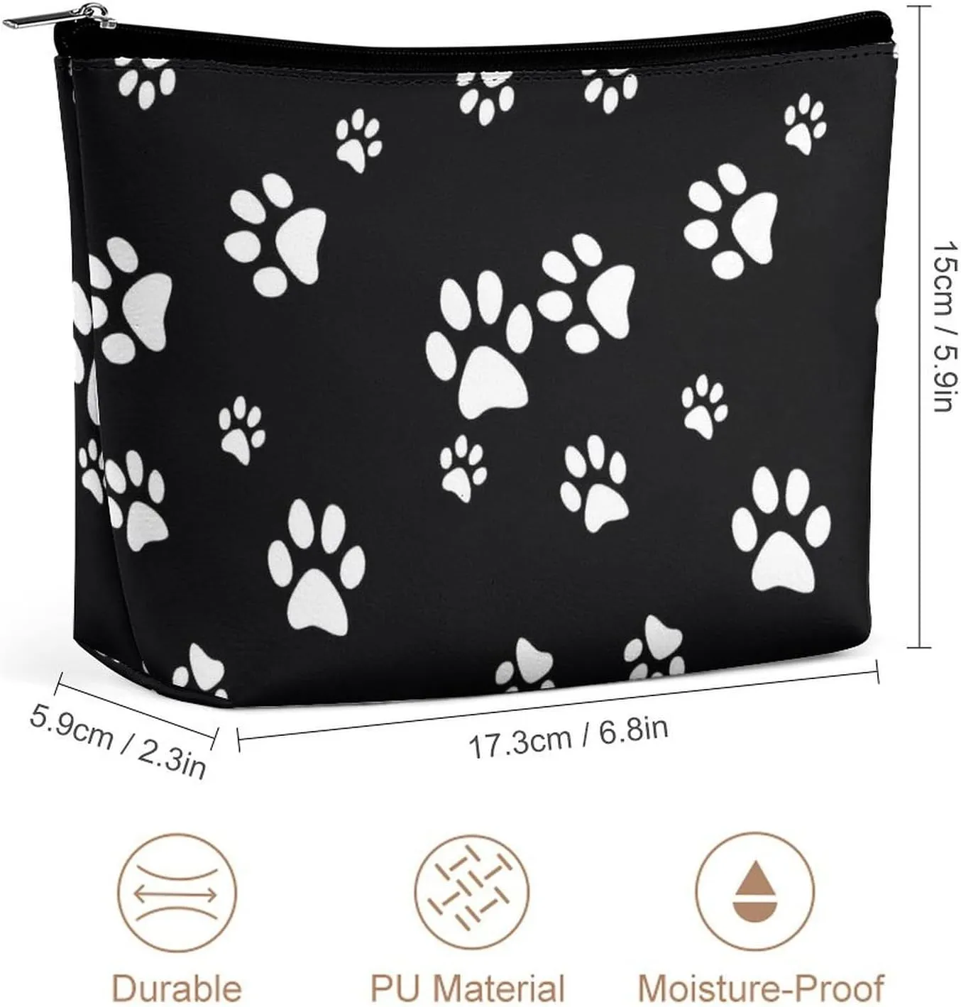 Black Travel Makeup Bag for Women Men-Portable Cosmetic Bags, White Cartoon Cat Paw Print Toiletry Bag for Women,Travel Toiletry bag,Travel Essentials