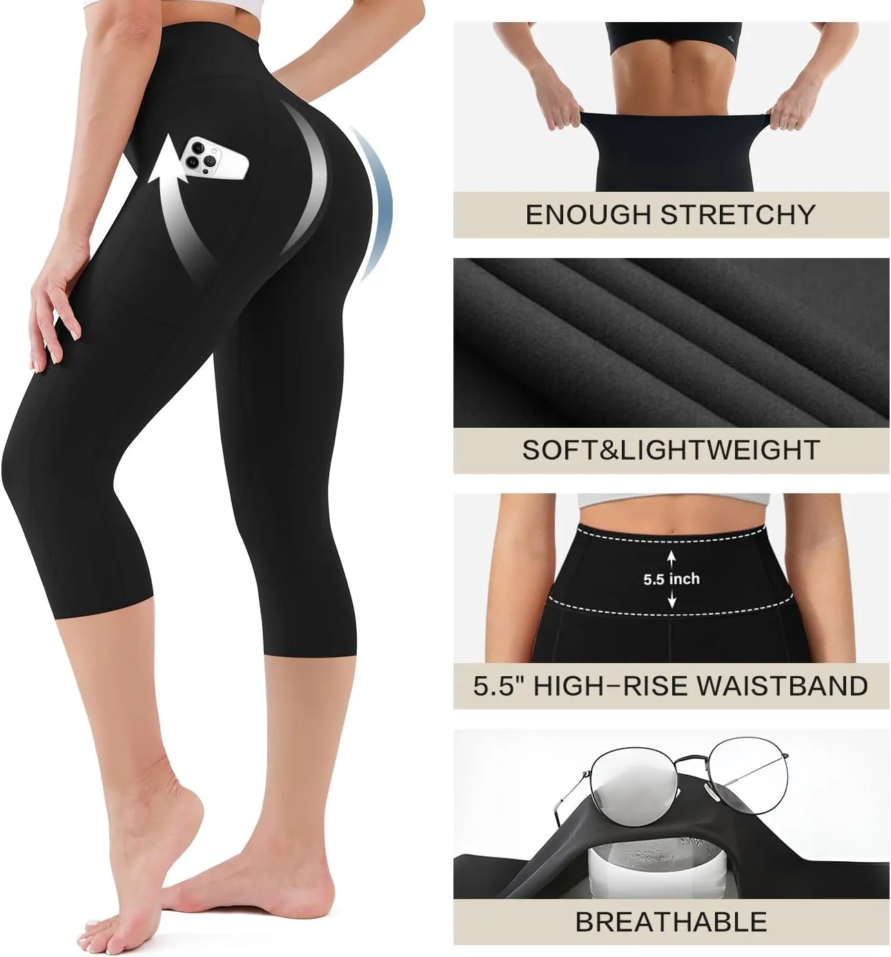 Blisset Women's High Waisted Capri Buttery Soft Tummy Control No See Through Workout Athletic Running Yoga Cycling