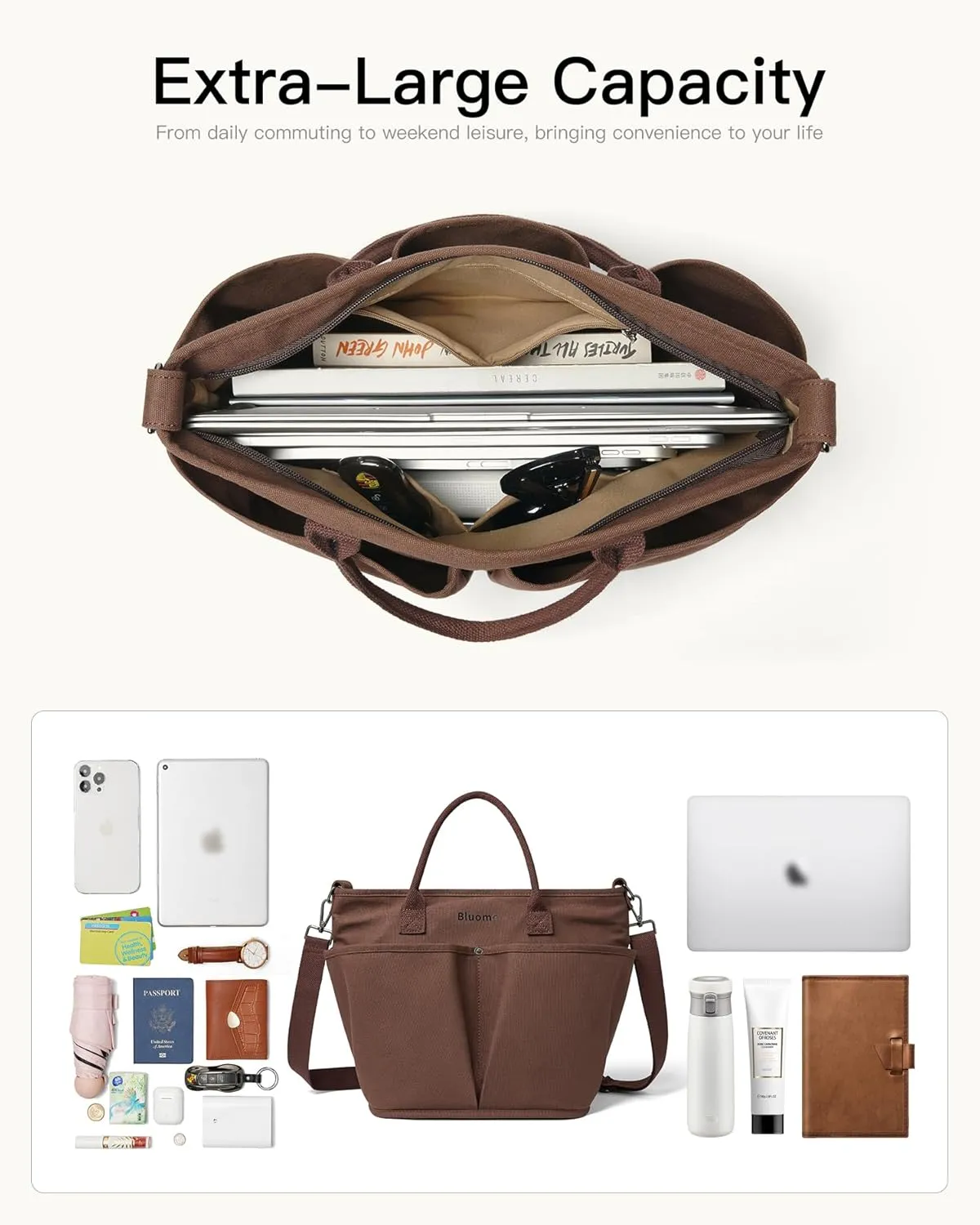 Bluome Tote Bag for Women Canvas Tote Bag With Zipper College Gym Tote Medium Travel Work Bags Hobo Handbag Crossbody
