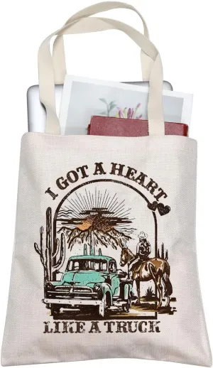 BLUPARK Country Music Quote Tote Bag I Got A Heart Like a Truck Musical Shoulder Bag Cowboy Cowgirl Merchandise Western Gift