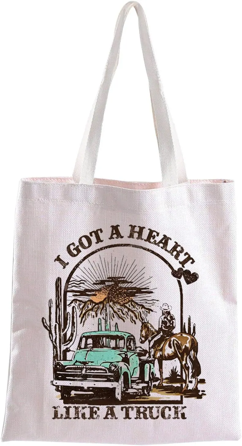 BLUPARK Country Music Quote Tote Bag I Got A Heart Like a Truck Musical Shoulder Bag Cowboy Cowgirl Merchandise Western Gift