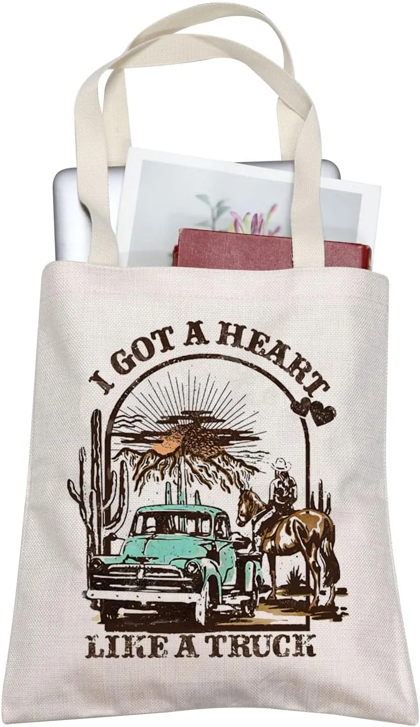 BLUPARK Country Music Quote Tote Bag I Got A Heart Like a Truck Musical Shoulder Bag Cowboy Cowgirl Merchandise Western Gift