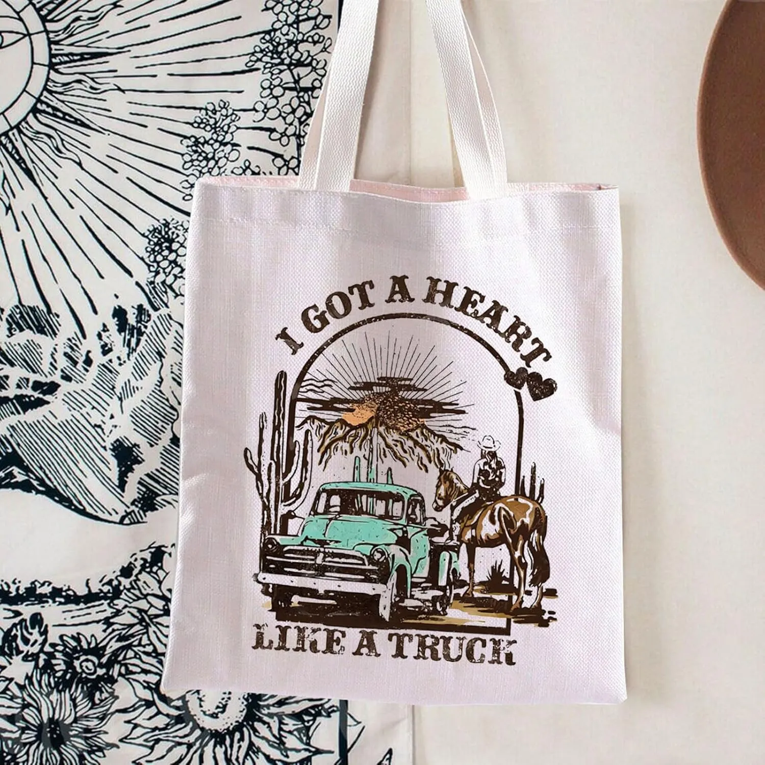 BLUPARK Country Music Quote Tote Bag I Got A Heart Like a Truck Musical Shoulder Bag Cowboy Cowgirl Merchandise Western Gift