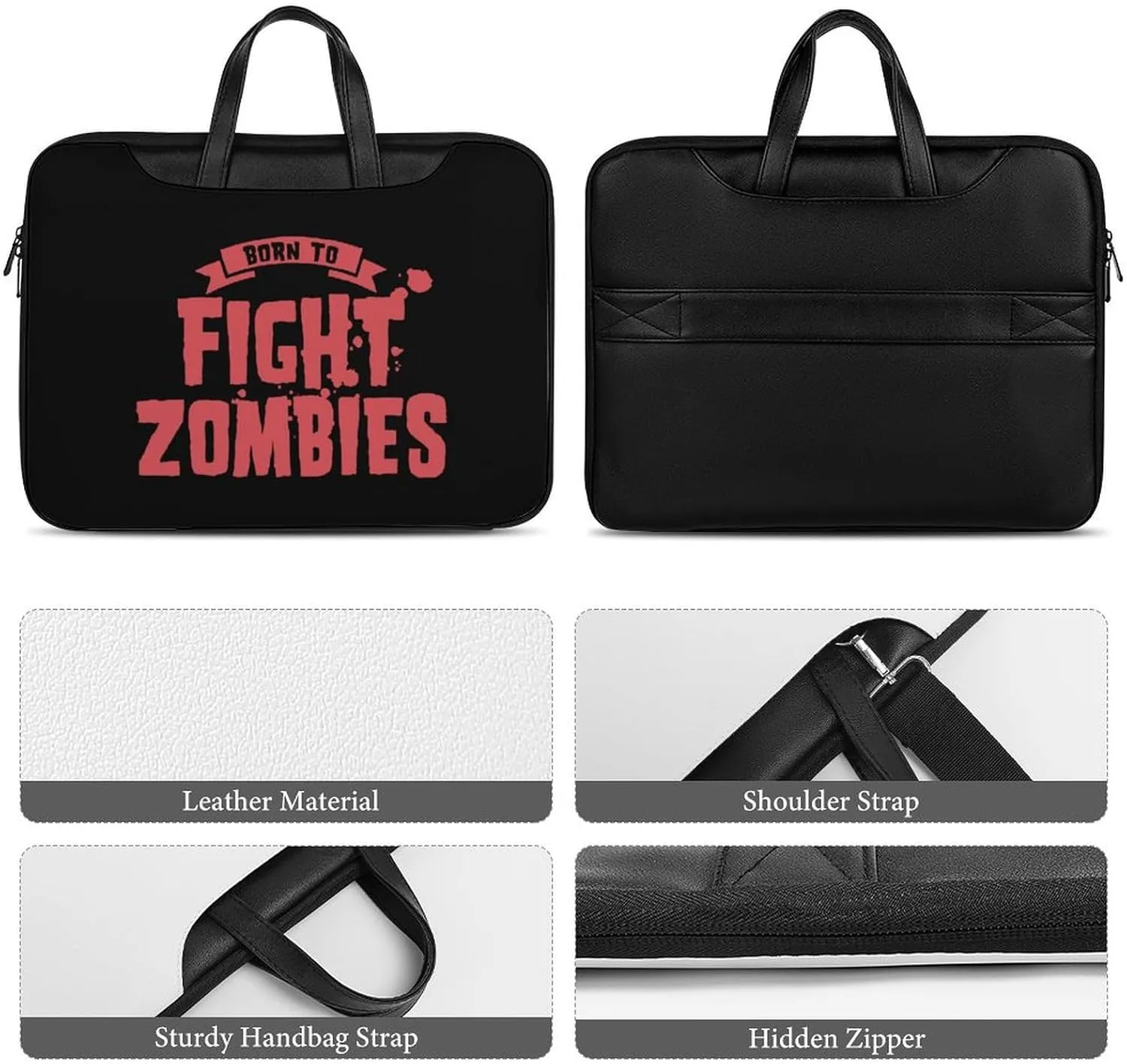 Born To Fight Zombies Leather Bag Laptop Case Slim Water Resistant Computer Bags with Handle Briefcase for Work