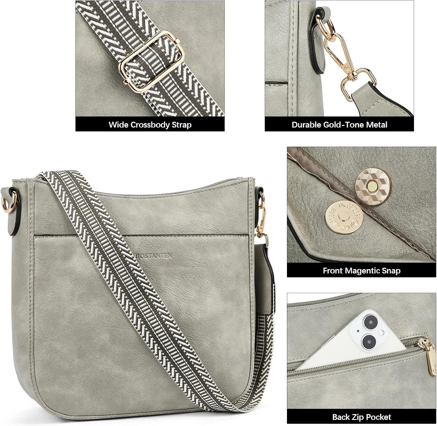 BOSTANTEN Crossbody Bags for Women Trendy Vegan Leather Hobo Purses Shoulder Handbags With Wide Shoulder Strap