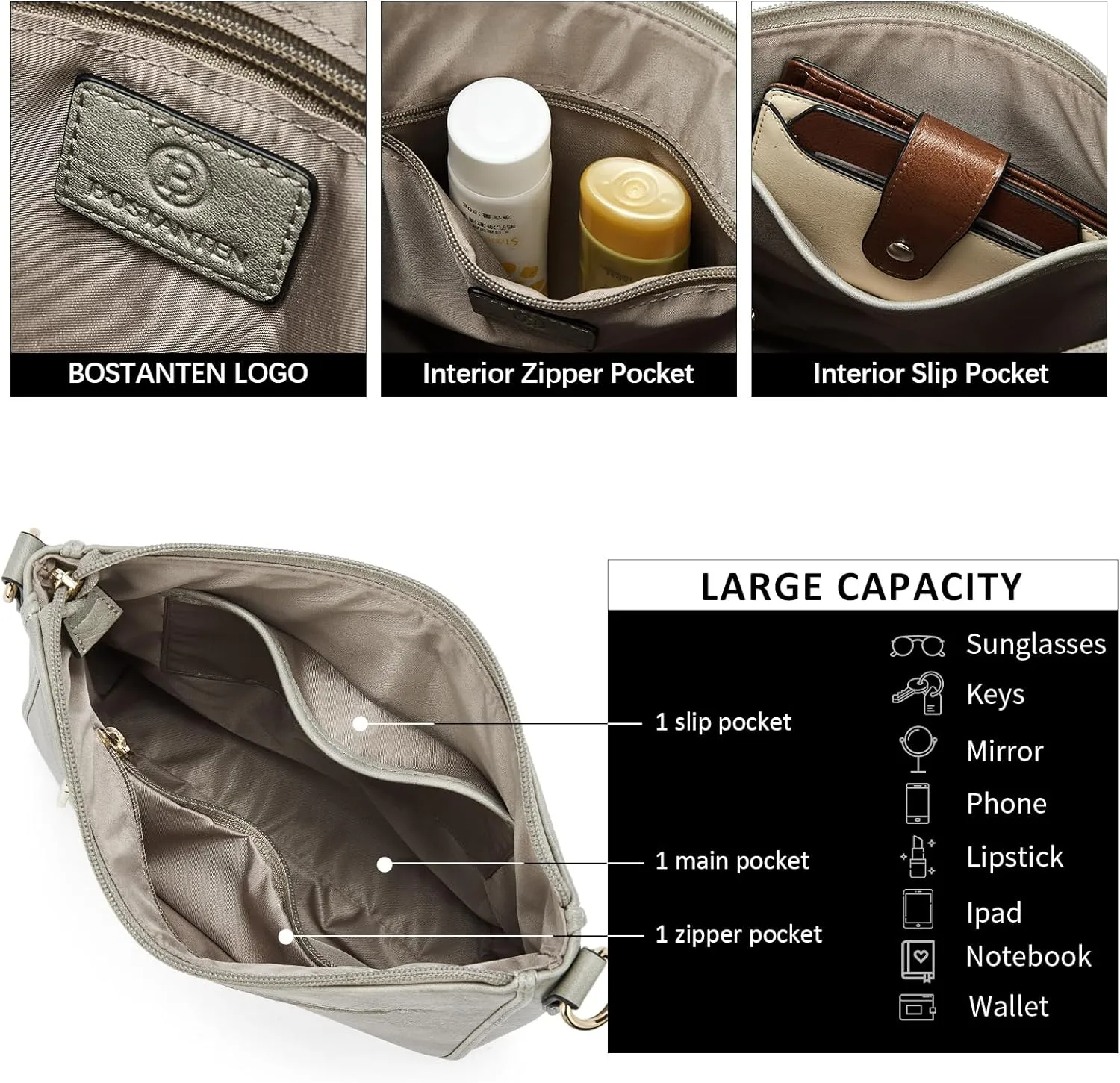 BOSTANTEN Crossbody Bags for Women Trendy Vegan Leather Hobo Purses Shoulder Handbags With Wide Shoulder Strap
