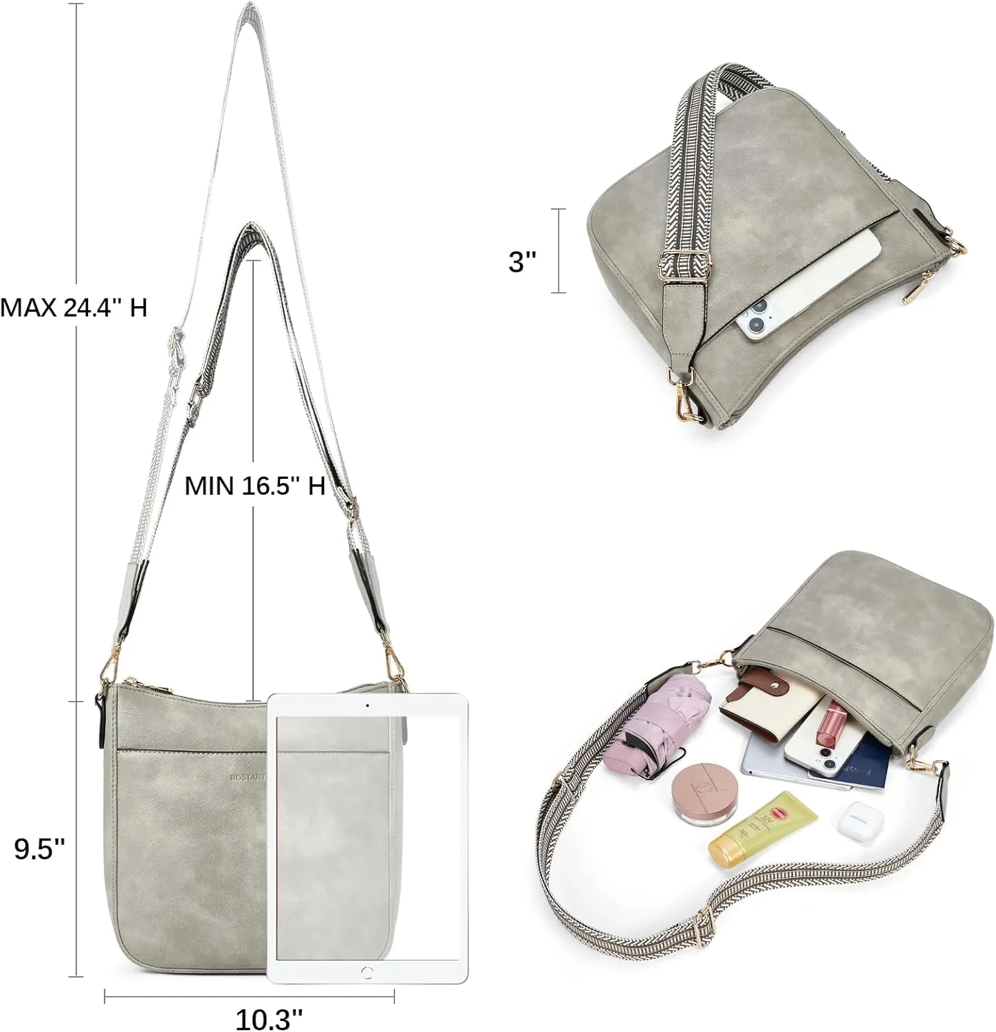 BOSTANTEN Crossbody Bags for Women Trendy Vegan Leather Hobo Purses Shoulder Handbags With Wide Shoulder Strap