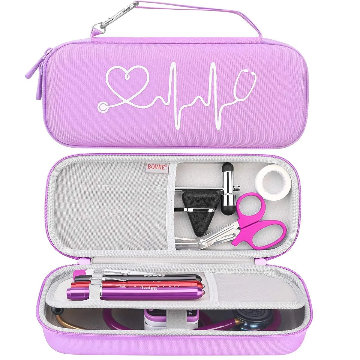 BOVKE Hard Stethoscope Case for 3M Littmann Classic III, Lightweight II S.E, Cardiology IV Diagnostic, MDF Acoustica Deluxe Stethoscopes - Extra Room for Taylor Percussion Hammer and Penlights, Purple