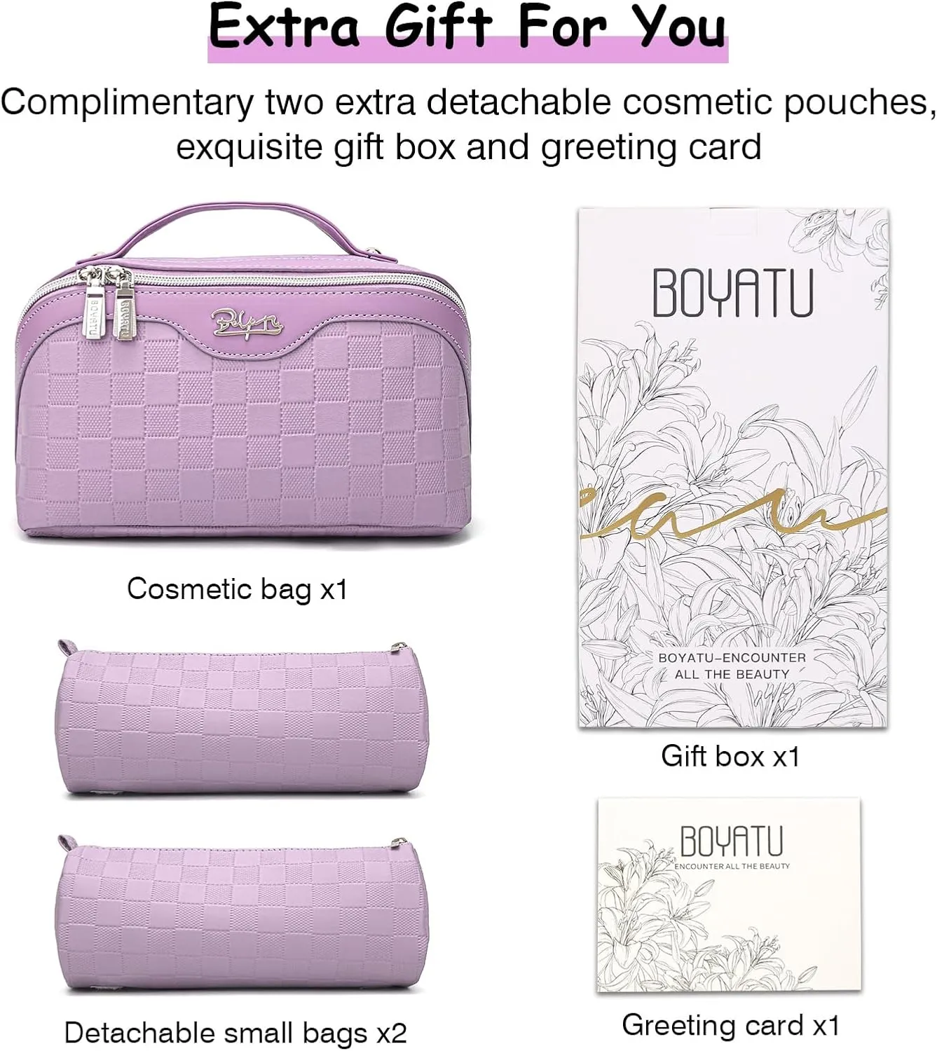 BOYATU Travel Makeup Bag Organizer Cosmetic Bag: 3 Pcs Set Make up Bags for Women with Handle - Waterproof Vegan Leather Toiletry Bags with Comparments (C-01-Purple)