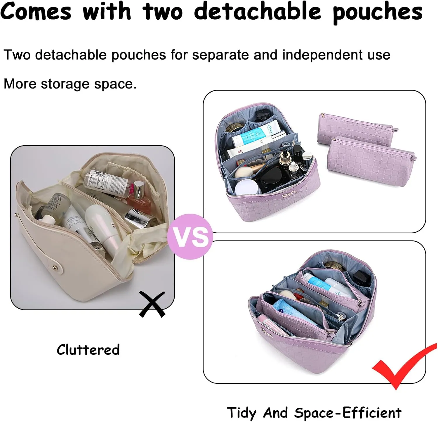 BOYATU Travel Makeup Bag Organizer Cosmetic Bag: 3 Pcs Set Make up Bags for Women with Handle - Waterproof Vegan Leather Toiletry Bags with Comparments (C-01-Purple)
