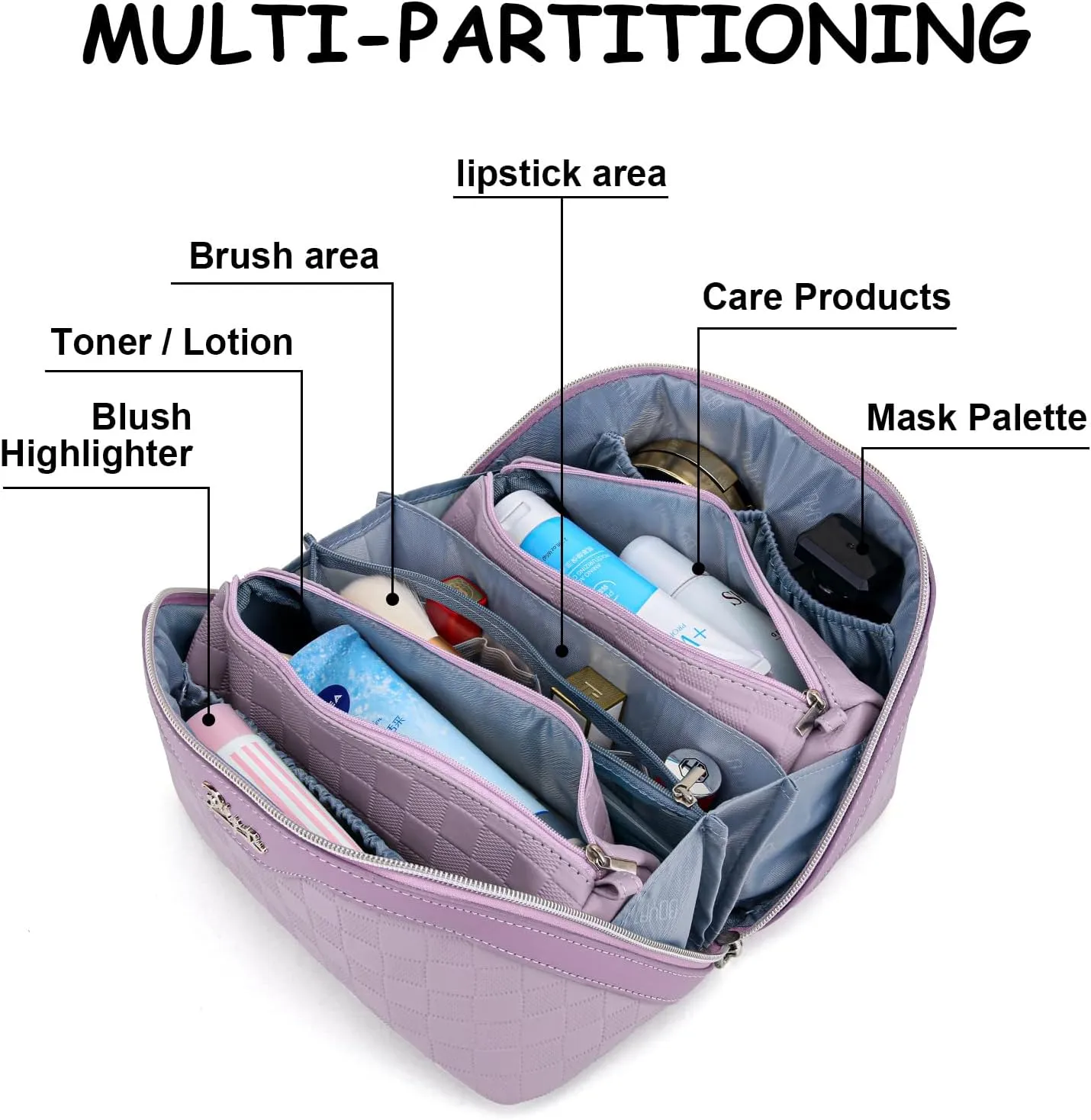BOYATU Travel Makeup Bag Organizer Cosmetic Bag: 3 Pcs Set Make up Bags for Women with Handle - Waterproof Vegan Leather Toiletry Bags with Comparments (C-01-Purple)