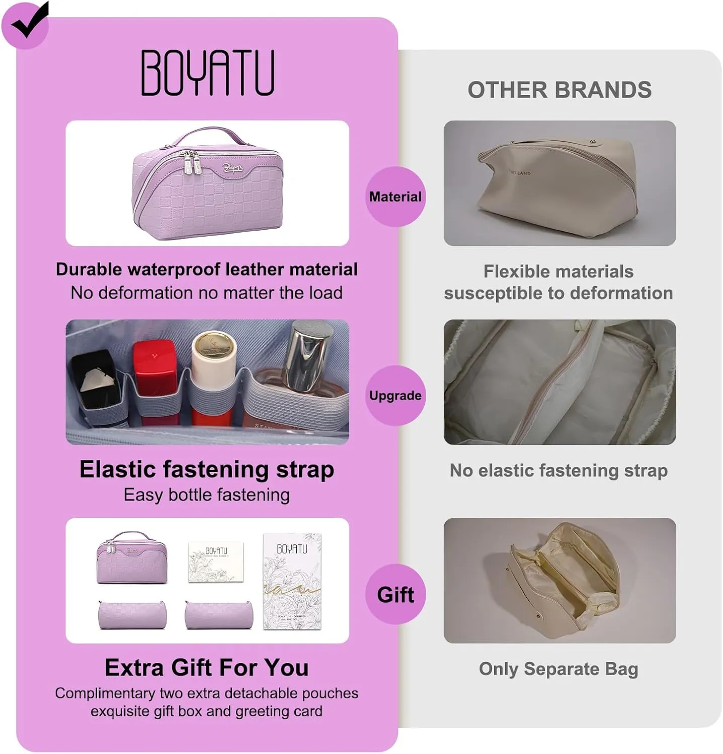 BOYATU Travel Makeup Bag Organizer Cosmetic Bag: 3 Pcs Set Make up Bags for Women with Handle - Waterproof Vegan Leather Toiletry Bags with Comparments (C-01-Purple)