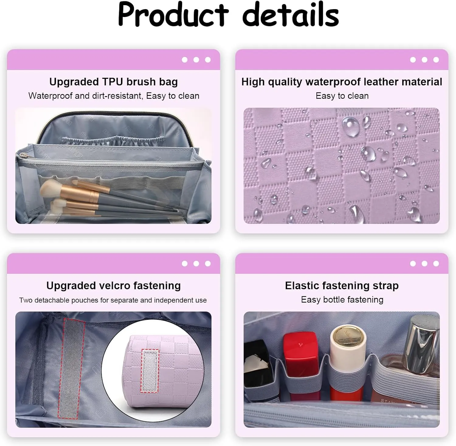 BOYATU Travel Makeup Bag Organizer Cosmetic Bag: 3 Pcs Set Make up Bags for Women with Handle - Waterproof Vegan Leather Toiletry Bags with Comparments (C-01-Purple)