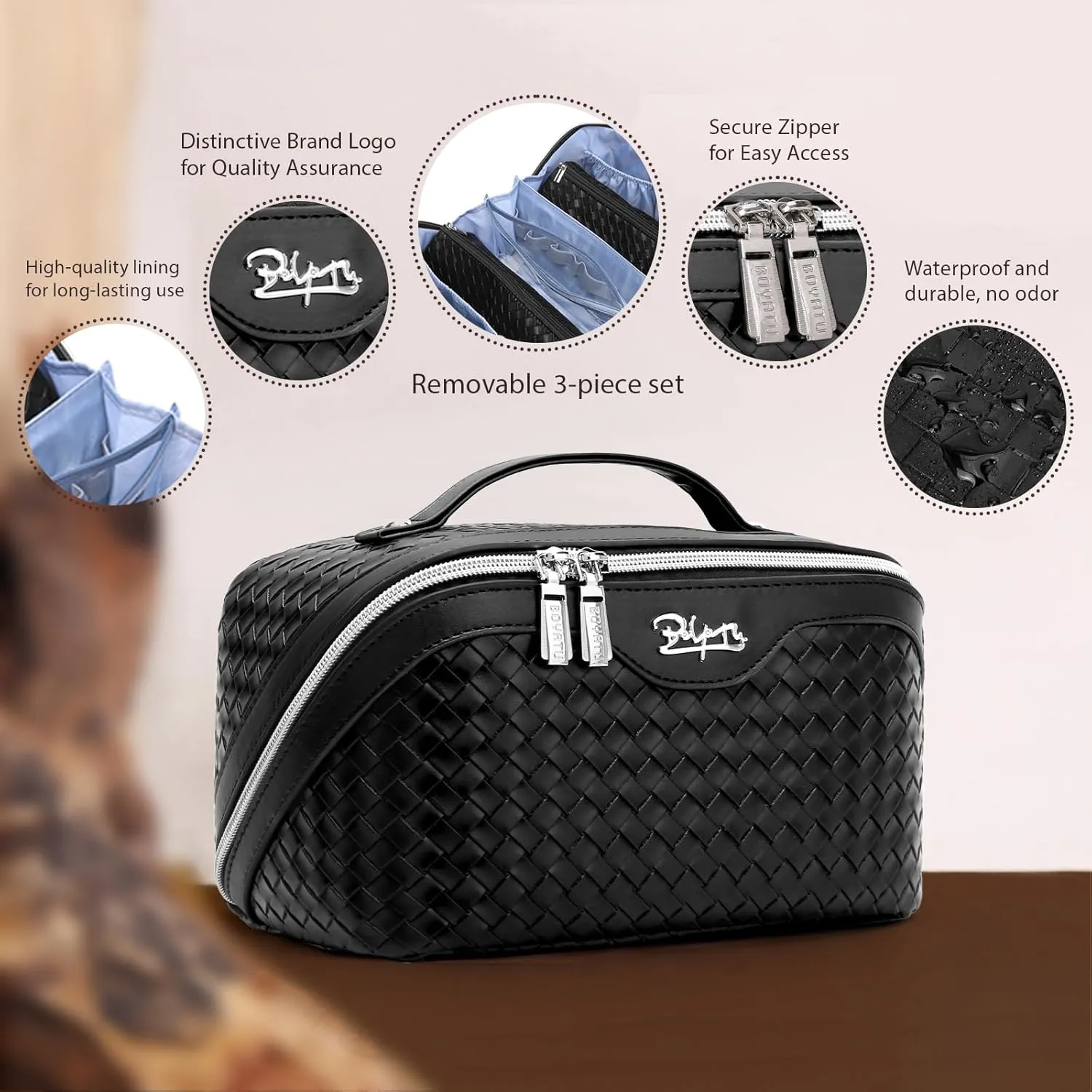 BOYATU Travel Makeup Bags for Women: 3 Pcs Large Make up Bags Set - Vegan Leather Cosmetic Bag for Traveling - Waterproof Toiletry Organizer (L02 Black)