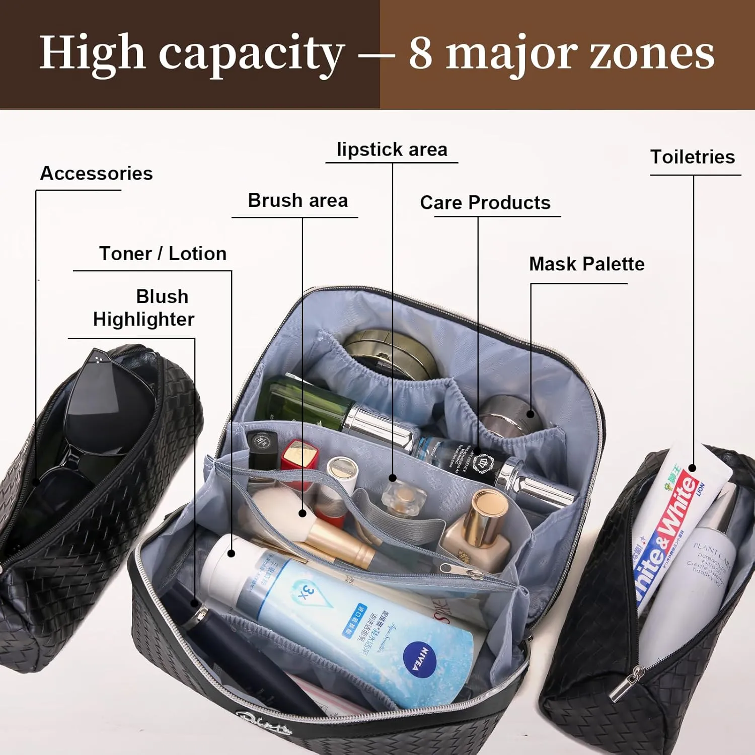 BOYATU Travel Makeup Bags for Women: 3 Pcs Large Make up Bags Set - Vegan Leather Cosmetic Bag for Traveling - Waterproof Toiletry Organizer (L02 Black)
