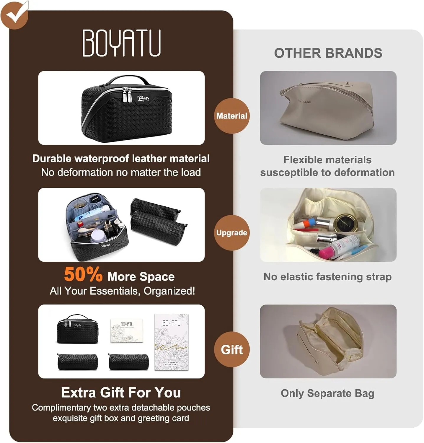 BOYATU Travel Makeup Bags for Women: 3 Pcs Large Make up Bags Set - Vegan Leather Cosmetic Bag for Traveling - Waterproof Toiletry Organizer (L02 Black)