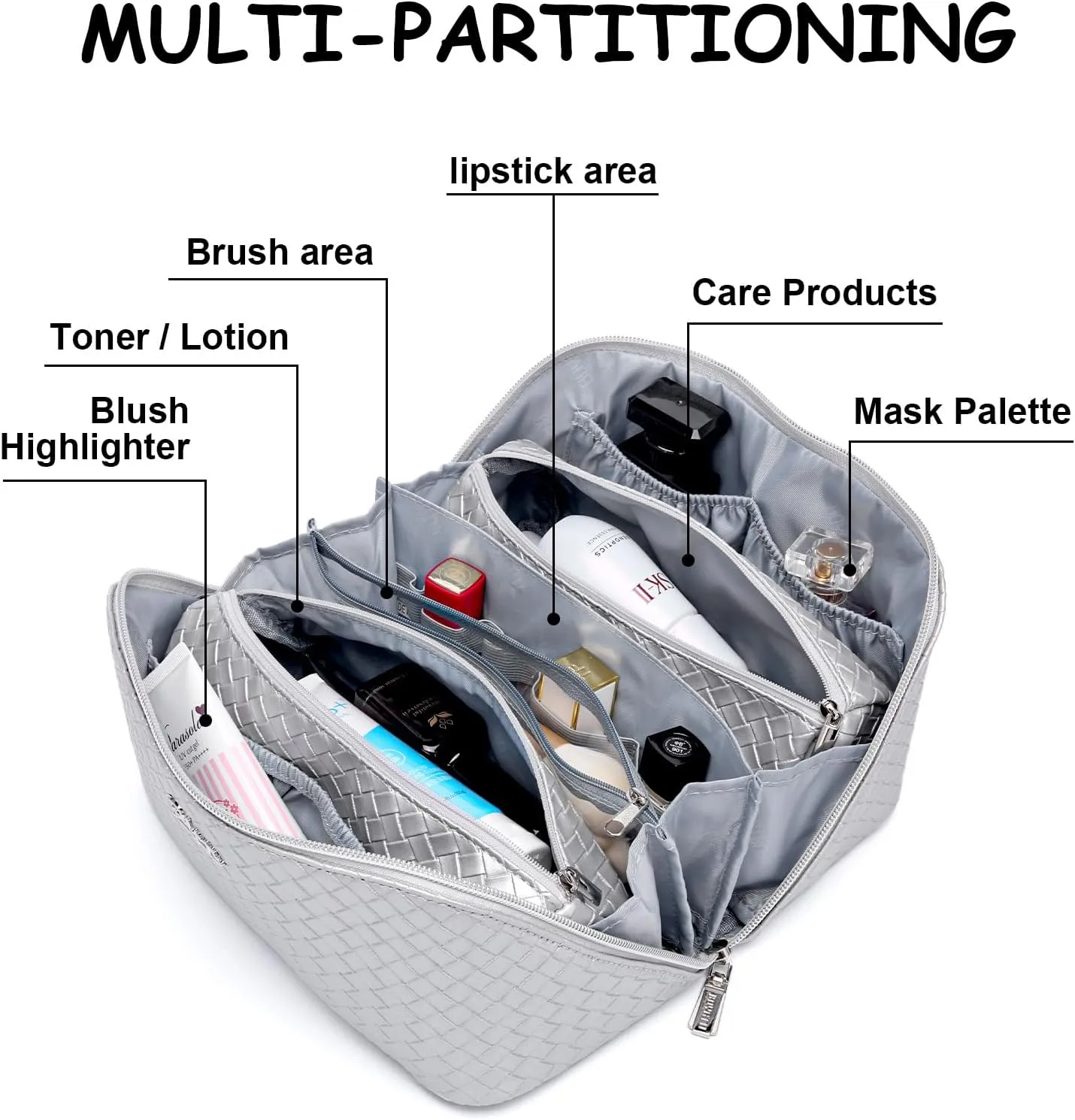BOYATU Travel Makeup Bags for Women: 3 Piece Make up Bags Set - Large Cosmetic Bag - Vegan Leather Makeup Organizer for Traveling - Protable Toiletry Bag (L10 Silver)