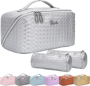 BOYATU Travel Makeup Bags for Women: 3 Piece Make up Bags Set - Large Cosmetic Bag - Vegan Leather Makeup Organizer for Traveling - Protable Toiletry Bag (L10 Silver)